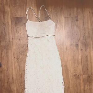 Zara Eyelet Back Lace Maxi Dress Cream Brown Size XS